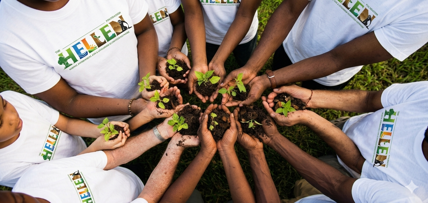 Hands holding seedlings, HELLEN Foundation volunteers