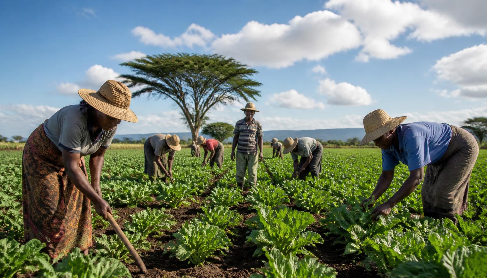 Workers tending crops in a farm field